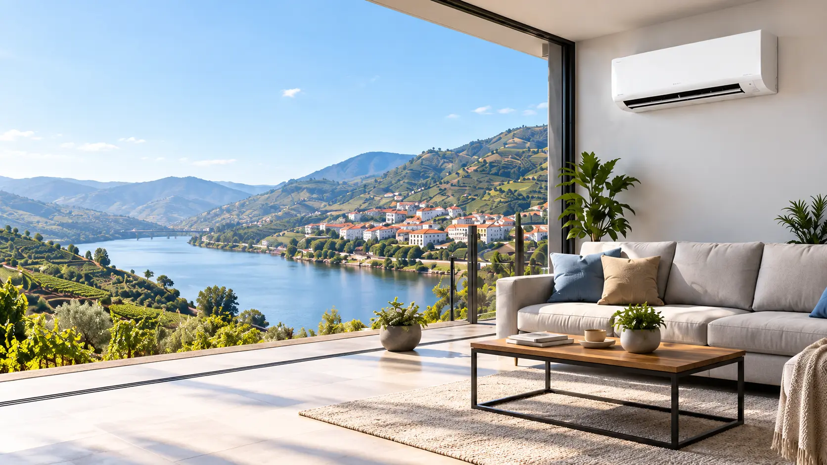 Sala com ar condicionado instalado e vista sobre o rio Douro no Peso da Régua
