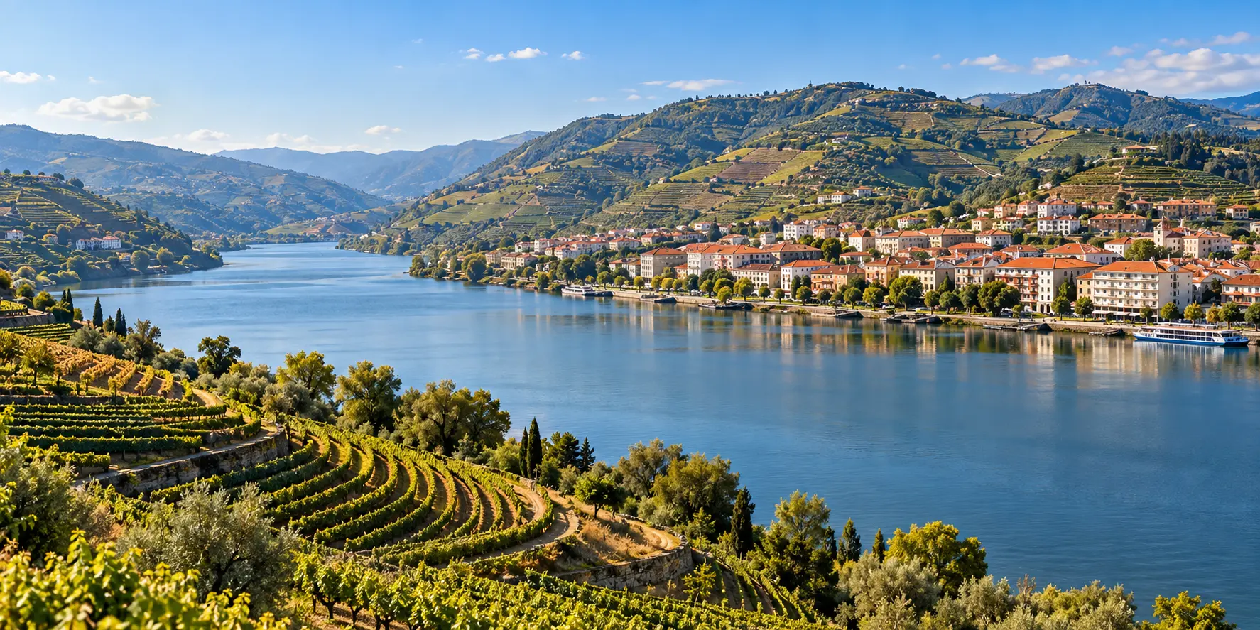 Panorama do Peso da Régua com o rio Douro e vinhas em socalcos