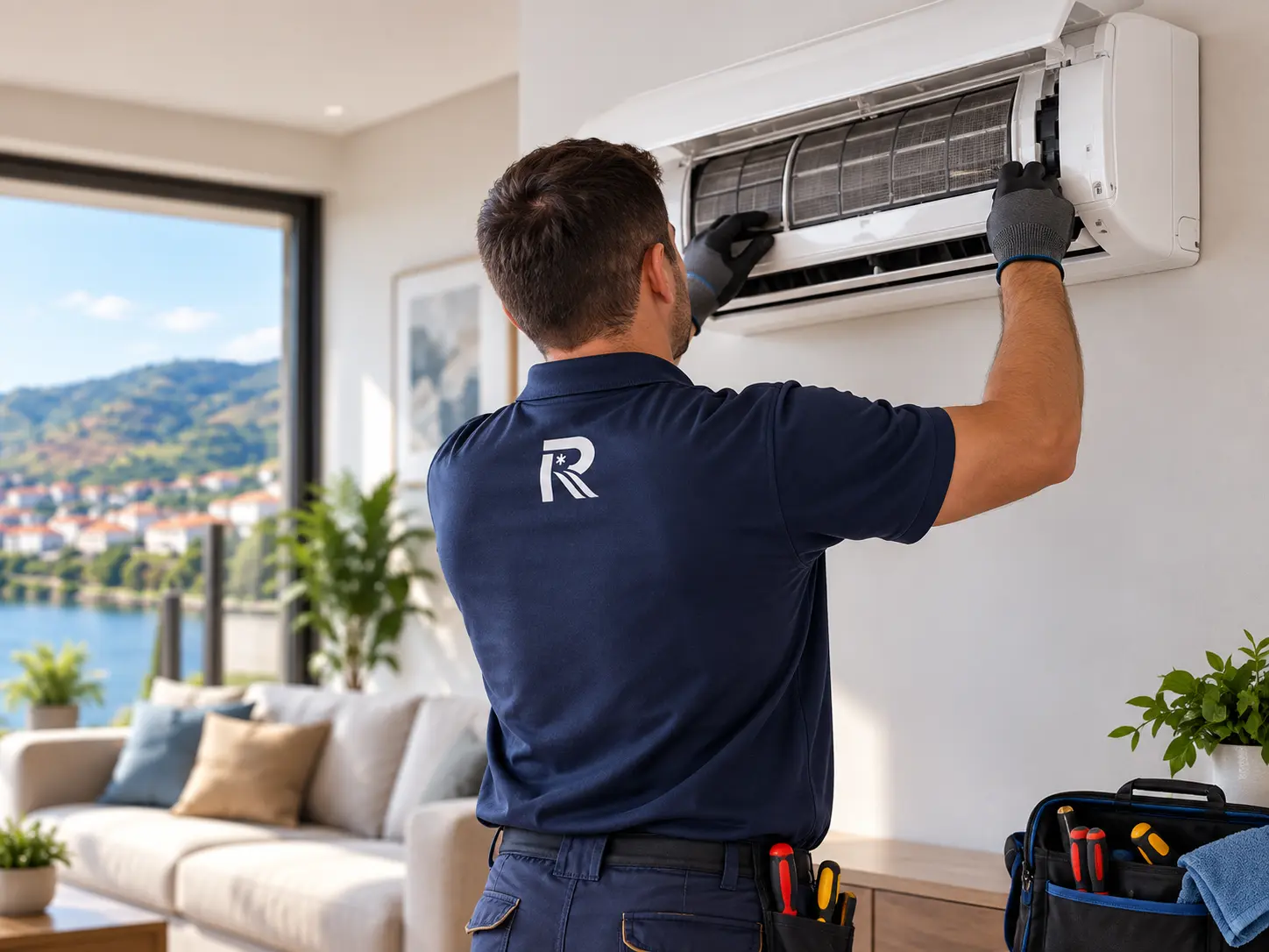Técnico da Régua Frio a fazer assistência a um ar condicionado numa sala