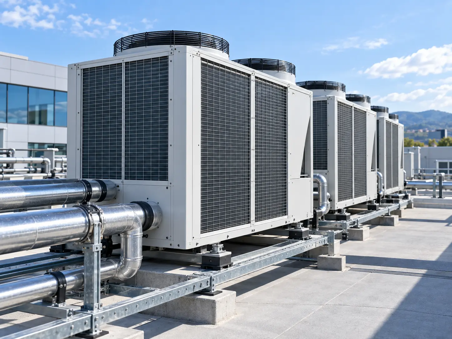 Unidades exteriores de climatização industrial na cobertura de um edifício