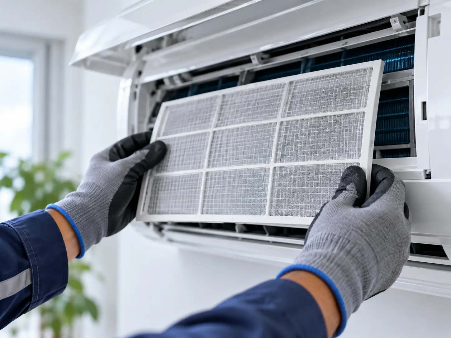 Técnico a retirar o filtro de uma unidade de ar condicionado