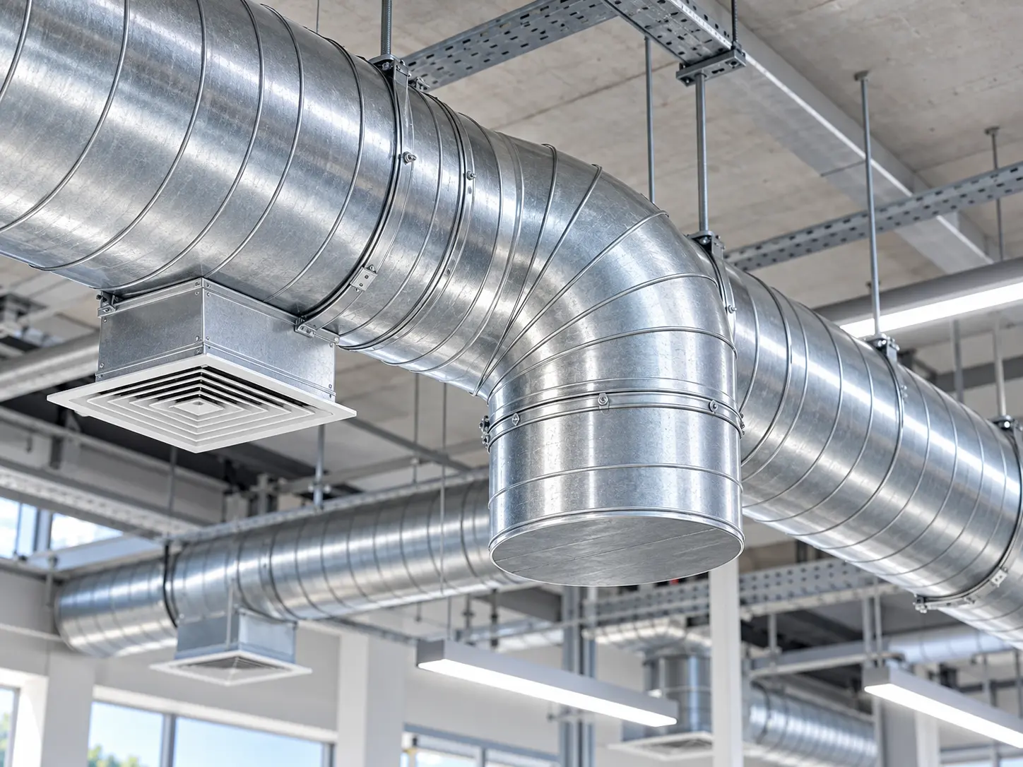 Condutas de ventilação instaladas no teto de um espaço amplo